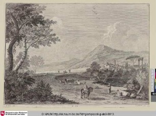 [Landschaft mit einem Reiter vor einer rechts im Hintergrund liegenden Stadt]