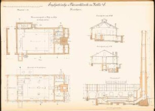 Psychiatrische und Nervenklinik der Martin-Luther-Universität Halle/Saale: Kesselhaus: Grundrisse Fundamente, EG, 2 Querschnitte, Längsschnitt 1:100