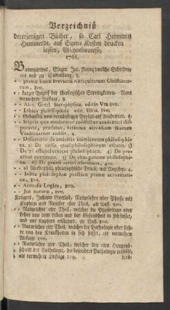 Verzeichniß dererjenigen Bücher, so Carl Hermann Hemmerde, auf Eigene Kosten drucken lassen, Michaelismesse, 1766