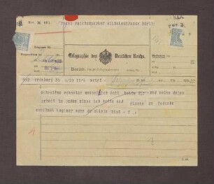 Glückwunschtelegramm [von Maria Sachsen-Coburg-Gotha ?] an Prinz Max von Baden zur Annahme der Reichskanzlerschaft