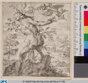 Perseus mit dem Haupt der Medusa fliegend bestraft einen Riesen