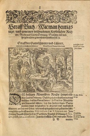 Straff Buch, Das ist: Gründtliche vnd rechte Vnderweysung wie heutiges tags, nach allen gemeinen beschriebnen ... Rechten, Reichs auch Lands Ordnungen, Statuten, Opinionen der Rechtsgelehrten, vnd wolhergebrachten Gewonheiten, etliche grobe eusserliche Sünde, Freuel vnd begangene Missethaten, Bürgerlich vnd peinlich zustraffen gepflogen werden : ... Mit angehengten Allegationibus vnd Rechtsgründen