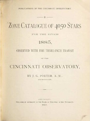 Zone Catalogue of 4050 stars for the epoch 1885, observed with the three-inch transit of the Cincinnati Observatory