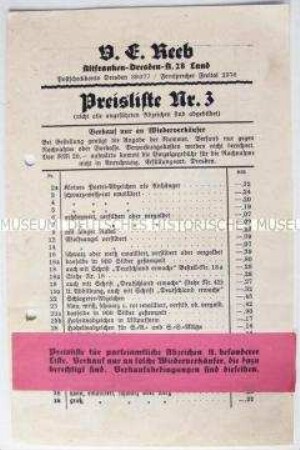 Angebots- und Preisliste für Propagandamaterialien der NSDAP