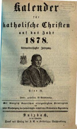 Kalender für katholische Christen : auf d. Jahr ... 1878 = Jg. 38