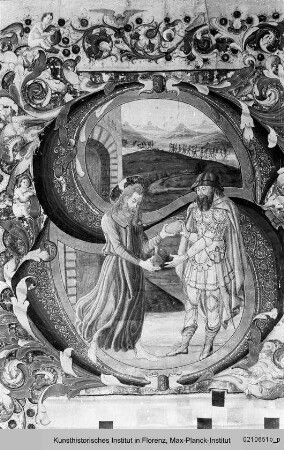 Antiphonar : Buchseite mit historisierter Initiale S: Christus reicht einem Soldaten Wein und Brot