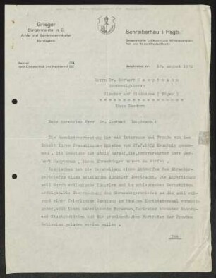 Brief von ... Grieger von Schreiberhau / Kurdirektor, Schreiberhau / Bürgermeister an Gerhart Hauptmann