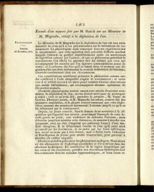 Extrait d´un rapport fait par M. Hallé sur un Mémoire de M. Magendie, relatif à la déglutition de l´air.