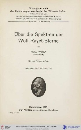 1915, 14. Abhandlung: Sitzungsberichte der Heidelberger Akademie der Wissenschaften, Mathematisch-Naturwissenschaftliche Klasse: Abteilung A, Mathematisch-physikalische Wissenschaften: Über die Spektren der Wolf-Rayet-Sterne