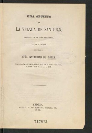 Una apuesta en la velada de San Juan : zarzuela en un acto y en verso
