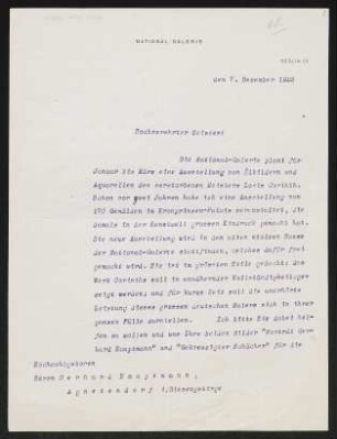 Brief von Ludwig Justi von Nationalgalerie  an Gerhart Hauptmann