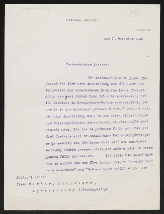 Brief von Ludwig Justi von Nationalgalerie <Berlin> an Gerhart Hauptmann