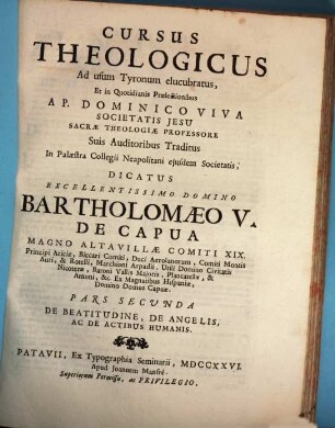 Cursus Theologicus, 2. De Beatitudine, De Angelis, Ac De Actibus Humanis