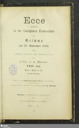 8.1885: Ecce : gehalten in der Königlichen Landesschule Grimma in den Jahren ...
