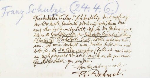 Brief an den Verlag Franz Schulze, Berlin