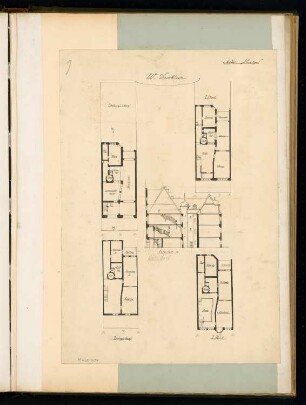 Einfamilienhaus Monatskonkurrenz Dezember 1898: Grundriss Sockelgeschoss, Erdgeschoss (Hochparterre), 1. und 2. Obergeschoss, Querschnitt; Maßstabsleiste