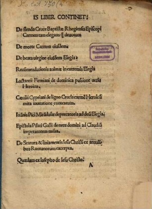 Is liber continet: De flenda Cruce Baptistae Rhegiensis episcopi : Carmen tam elegans qu[am] devotum