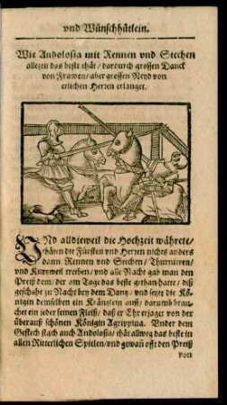 Wie Andolosia mit Rennen und Stechen allezeit das beste thät/ dardurch grossen Danck von Frawen/ aber grossen Neyd von etlichen Herren erlanget.