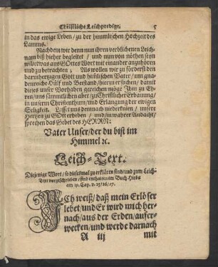 Leich-Text. [.../ sind enthalten im Buch Hiobs am 19. Cap. v.25/ 26/ 27.