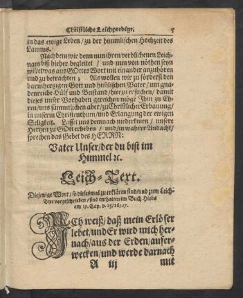 Leich-Text. [.../ sind enthalten im Buch Hiobs am 19. Cap. v.25/ 26/ 27.