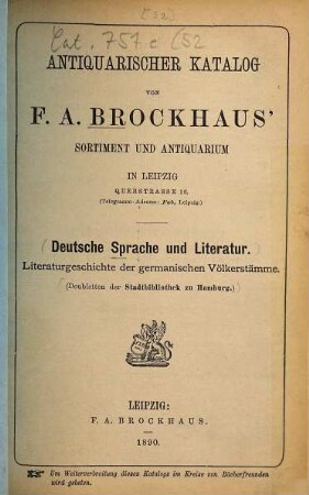 Antiquarischer Katalog von F. A. Brockhaus' Sortiment und Antiquarium in Leipzig. [52.] 1890