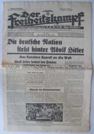 Tageszeitung der NSDAP für den Gau Sachsen "Der Freiheitskampf" zur Reichstagsrede Hitlers über das Ermächtigungsgesetz