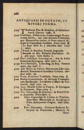 266-282, Antiquarii in Octavo, et Minori Forma - Bibliothecarii in Octavo, et Minori Forma