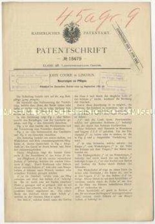Patentschrift über Neuerungen an Pflügen, Patent-Nr. 18479