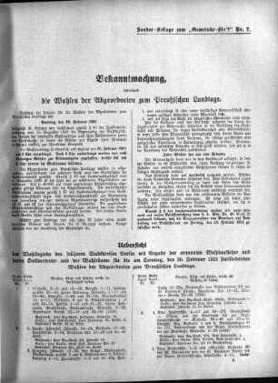 Bekanntmachung, betreffend die Wahlen der Abgeordneten zum Preußischen Landtage : Sonderbeilage zum "Gemeindeblatt" Nr. 7
