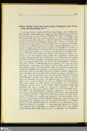 Göthes' Werke. Erster bis Vierter Band. Tübingen in der Cotta'schen Buchhandlung 1806 : [Heidelbergische Jahrbücher der Literatur, Heidelberg, 5. Abt., 2. Heft, SS. 145-184, von 1808]