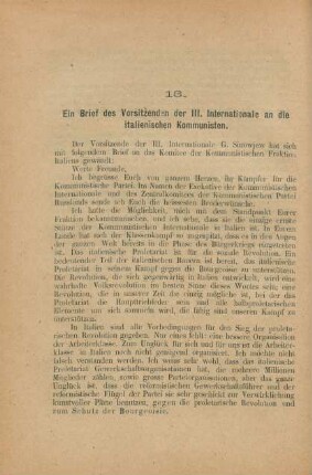 13. Ein Brief des Vorsitzenden der III. Internationale an die italienischen Kommunisten.
