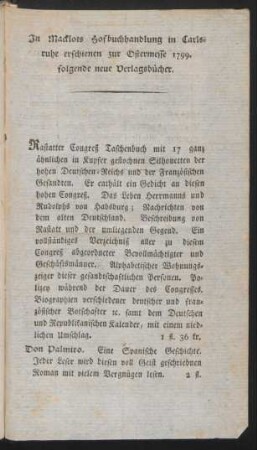 In Macklots Hofbuchhandlung in Carlsruhe erschienen zur Ostermesse 1799. folgende neue Verlagsbücher