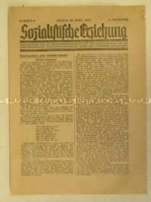 Sozialdemokratisches Mitteilungsblatt "Sozialistische Erziehung" u.a. zur "Simultanschule"