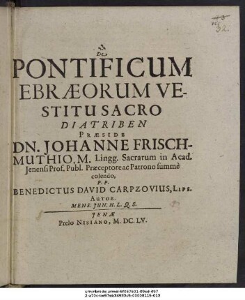 De Pontificum Ebraeorum Vestitu Sacro Diatriben