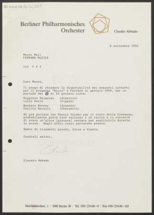 Brief an Mauro Meli, 06.09.1991