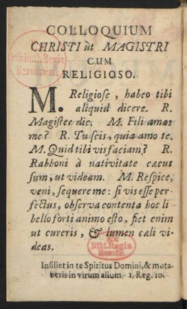 Colloquium Christi ùt Magistri Cum Religioso.