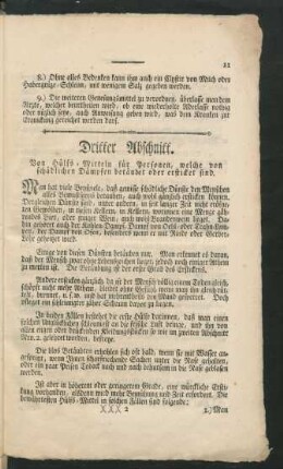 Dritter Abschnitt. Von Hülfs-Mitteln für Personen, welche von schädlichen Dämpfen betäubet oder ersticket sind