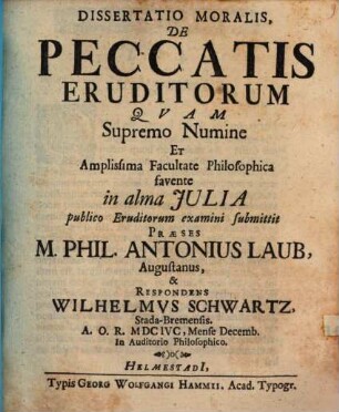 Dissertatio Moralis, De Peccatis Eruditorum