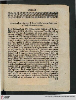 Sententia Judicialis in Johan. Wilhelmum Petersen