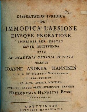 Diss. iur. de immodica laesione, eiusque probatione, imprimis per testes caute instituenda