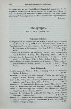 Bibliographie vom 1. bis 31. October 1884.