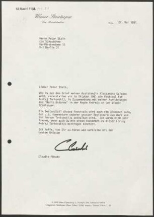 Brief an Peter Stein, 27.05.1991