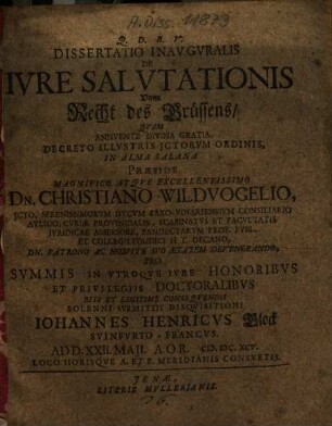 Dissertatio Inavgvralis De Ivre Salvtationis : = Vom Recht des Grüssens