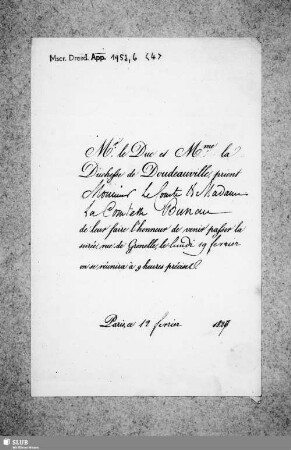 Nr. 4: Von Duc & Duchesse de Doudeauville - dat. Paris, 12.02.1827.