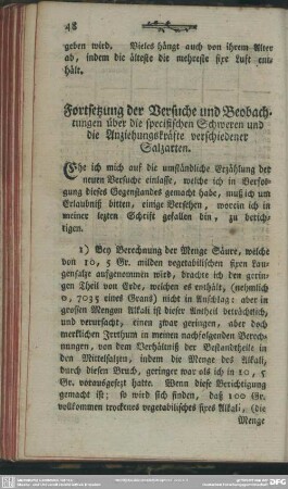 Fortsetzung der Versuche und Beobachtungen über die specifischen Schweren und die Anziehungskräfte verschiedener Salzarten