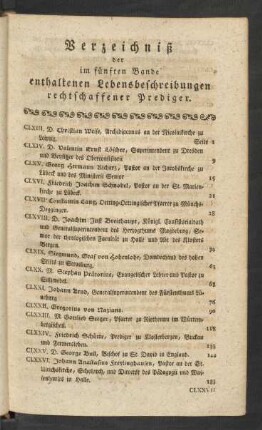 Verzeichniß der im fünften Bande enthaltenen Lebensbeschreibungen rechtschaffener Prediger.