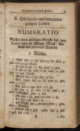 II. Die Species mit benannten gantzen Zahlen.