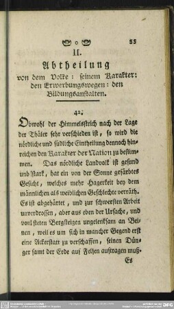 II. Abtheilung von dem Volcke: seinem Karakter: den Erwerbungswegen: den Bildungsanstalten