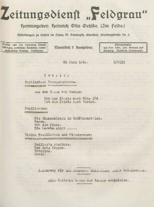 8.1916: Zeitungsdienst Feldgrau