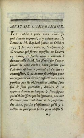 Lettre de M. Raphael le jeune, Eleve des Ecoles gratuites de Dessin ... A un de ses Amis, Architecte à Rome: Sur les Peintures, Sculptures et Gravures qui sont exposées cette année au Louvre